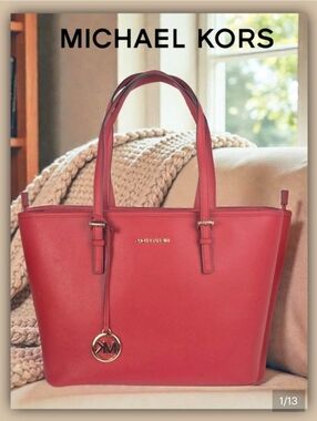 Michael Kors Jet Set Saffiano Leather Red Tote Bag with COA